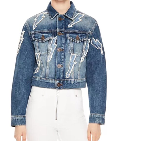 Sandro Denim Jean Jacket Pearl Embellished Lightning Bolt Size 42 FR or 10 - Picture 2 of 16